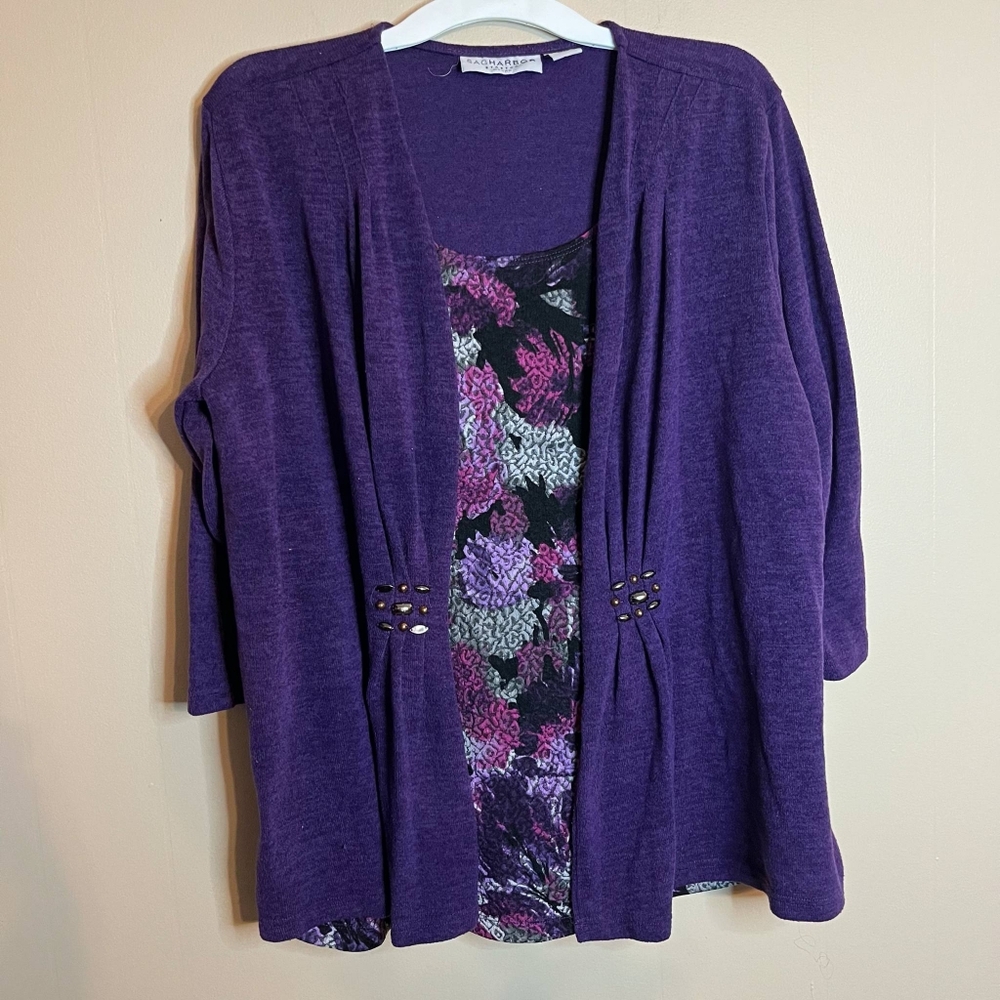 Sag Harbor Stretch Vintage Purple Layered Sweater Blouse